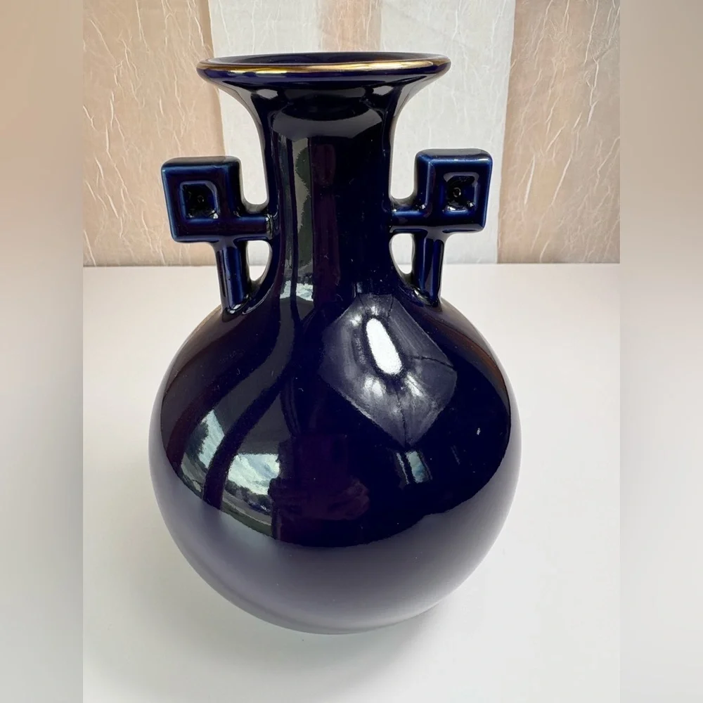 Vintage Japanese Cobalt Blue Porcelain Vase-Hand-painted Golden Pheasant